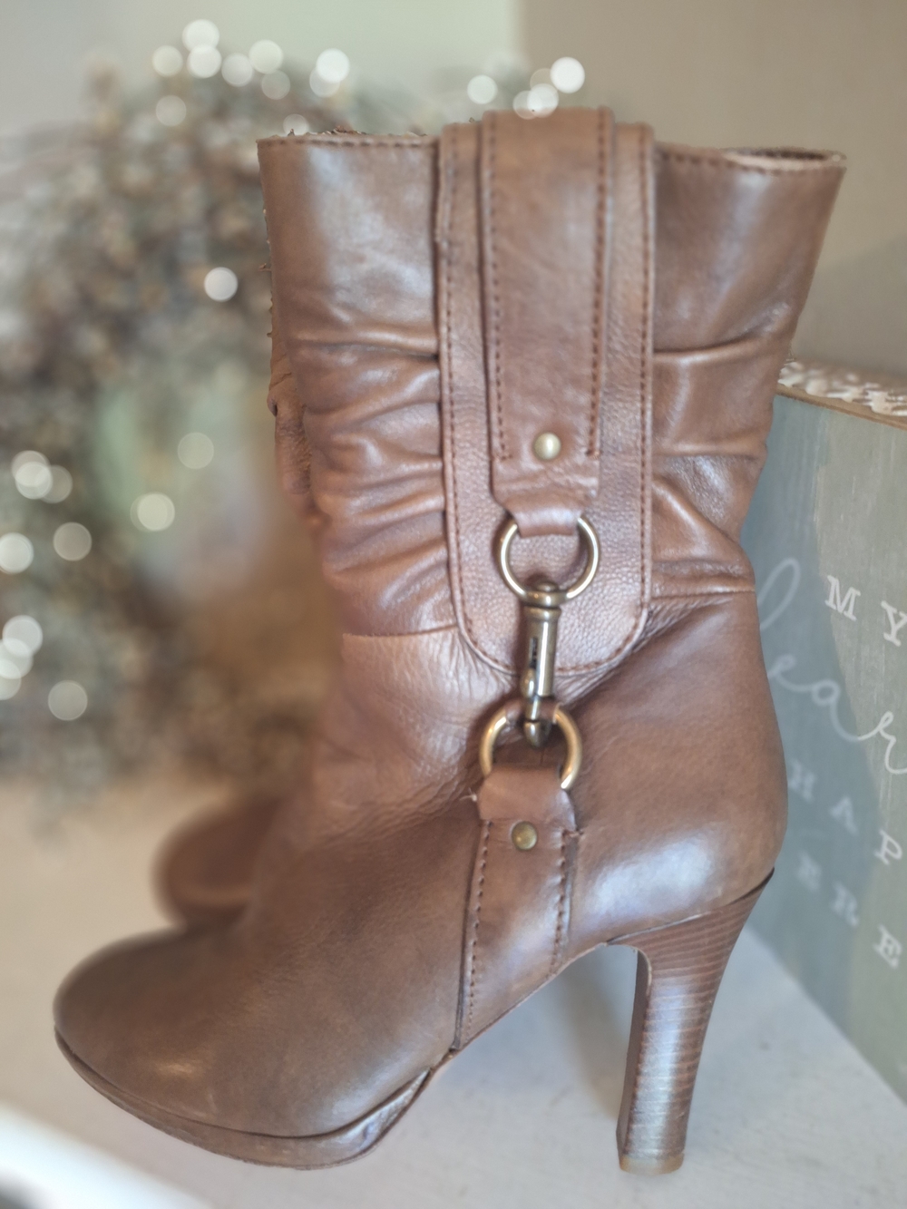 Coach Tan Leather Mid-Calf Heeled Boots with Buckle Detail 6.5